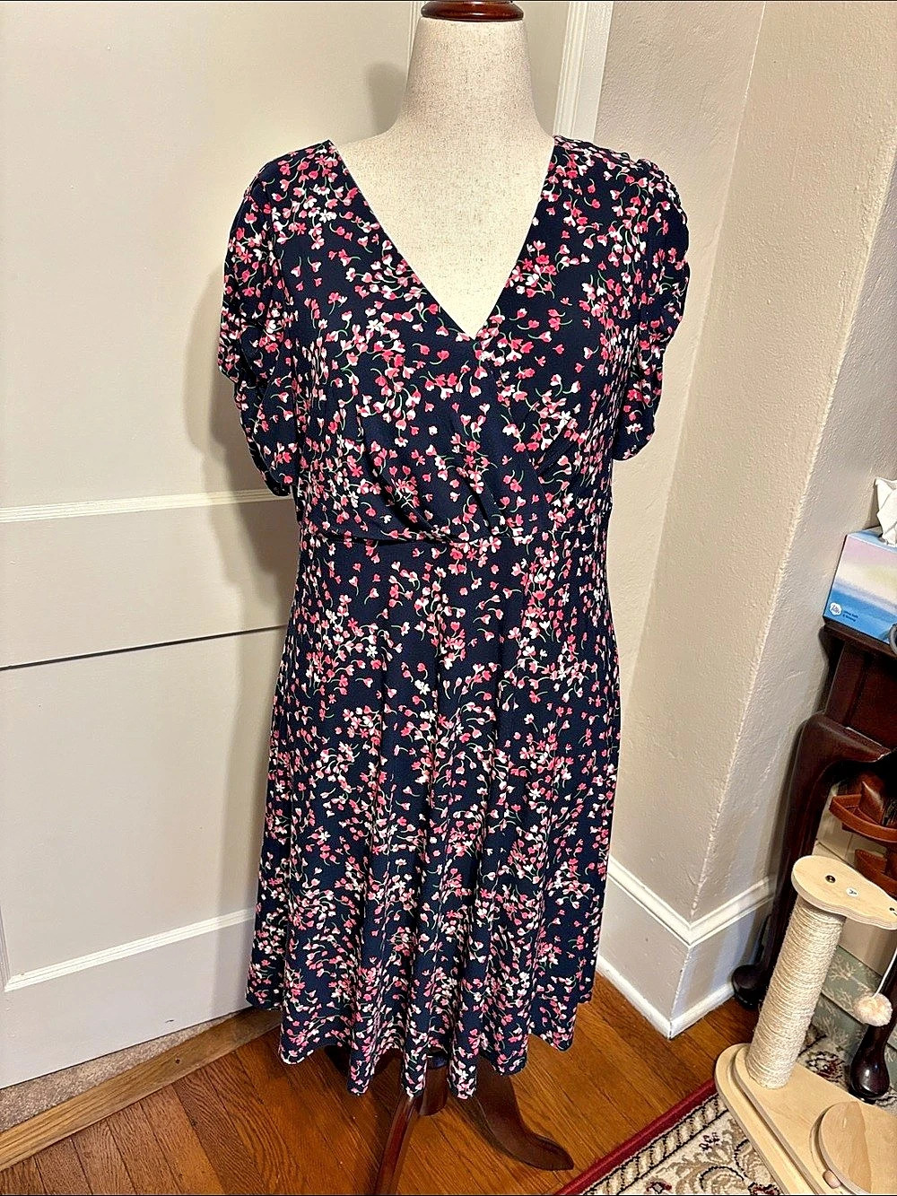 Tommy Hilfiger Floral Midi Dress in Black & Pink Size 14